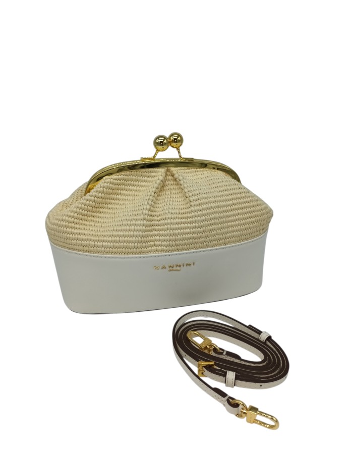 NANNINI BORSA/POCHETTE MEDIA IN VITELLO BIANCO E RAFIA NATURALE, CHIUSURA CLIC CLAC, TRACOLLINA STACCABILE/REGOLABILE
