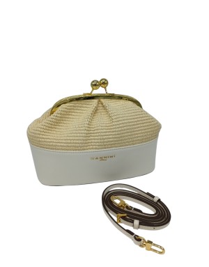 NANNINI BORSA/POCHETTE MEDIA IN VITELLO BIANCO E RAFIA NATURALE, CHIUSURA CLIC CLAC, TRACOLLINA STACCABILE/REGOLABILE