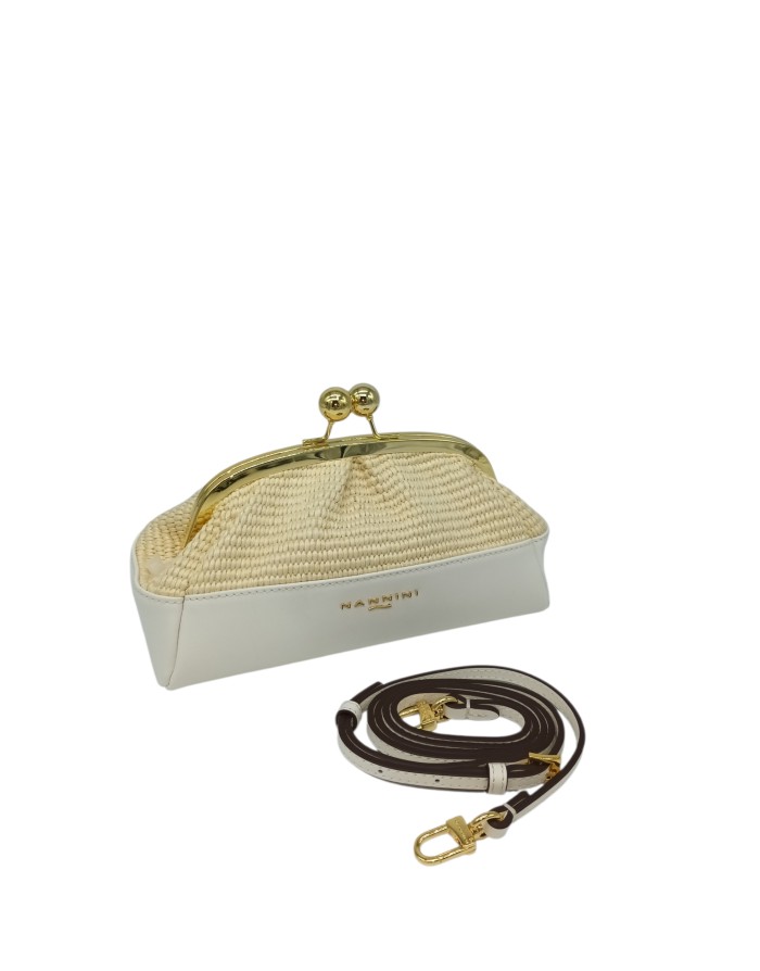NANNINI BORSA/POCHETTE PICCOLA IN VITELLO BIANCO E RAFIA NATURALE, CHIUSURA CLIC CLAC, TRACOLLINA STACCABILE/REGOLABILE
