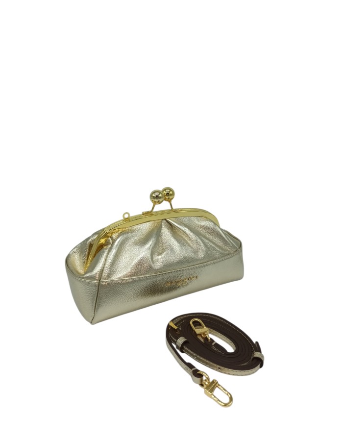 NANNINI BORSA/POCHETTE PICCOLA IN VITELLO LAMINATO COLORE ORO, CHIUSURA CLIC CLAC IN TINTA, TRACOLLINA STACCABILE/REGOLABILE