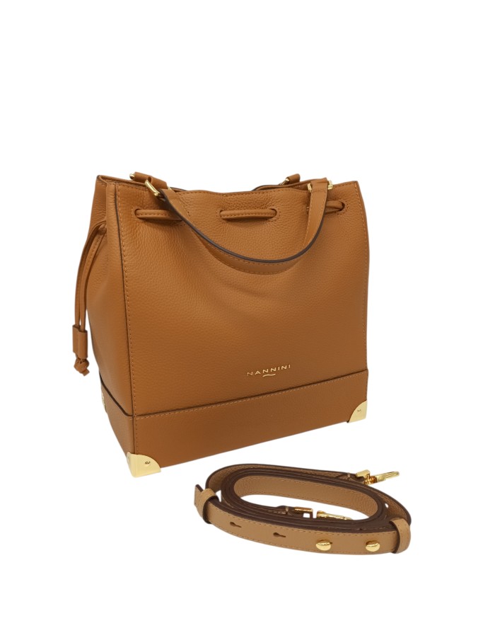 NANNINI BORSA/SECCHIELLO MEDIO/GRANDE IN VITELLO BOTTALATO COLORE COGNAC, DUE MANICI E TRACOLLA STACCABILE/REGOLABILE