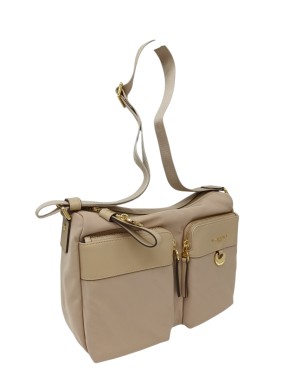 NANNINI LIBERTY BORSA GRANDE IN NYLON E VITELLO CARACAS COLORE BEIGE, LAMPO CENTRALE, TASCONI FRONTALI E TASCONE POSTERIORE, TR