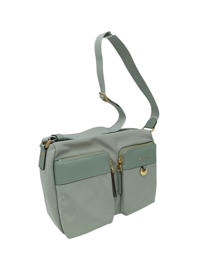 NANNINI LIBERTY BORSA GRANDE IN NYLON E VITELLO CARACAS COLORE SALVIA, LAMPO CENTRALE, TASCONI FRONTALI E TASCONE POSTERIORE, T