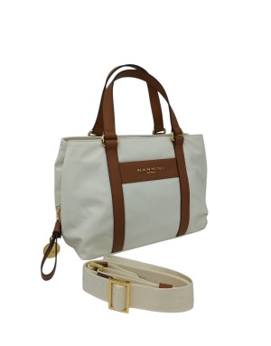 NANNINI LIBERTY BORSA MEDIA IN NYLON E VITELLO COLORE AVORIO-CUOIO, LAMPO CENTRALE, TRE SCOMPARTI, DUE MANICI E TRACOLLA STACCA