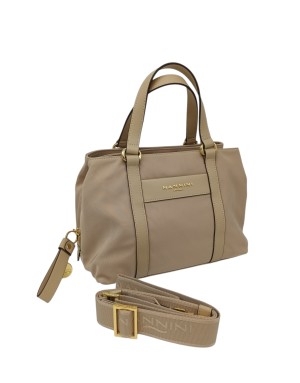 NANNINI LIBERTY BORSA MEDIA IN NYLON E VITELLO COLORE BEIGE, LAMPO CENTRALE, TRE SCOMPARTI, DUE MANICI E TRACOLLA STACCABILE/RE
