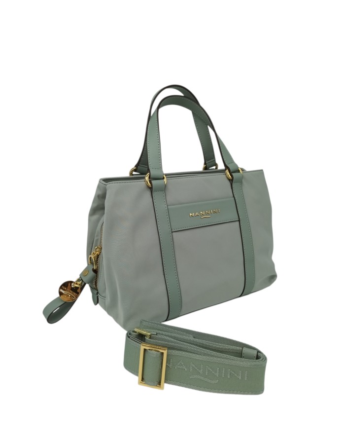 NANNINI LIBERTY BORSA MEDIA IN NYLON E VITELLO COLORE VERDE SALVIA, LAMPO CENTRALE, TRE SCOMPARTI, DUE MANICI E TRACOLLA STACCA