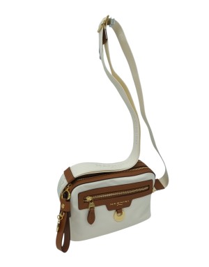 NANNINI LIBERTY BORSA PICCOLA IN NYLON E VITELLO CARACAS COLORE AVORIO-CUOIO, DUE SCOMPARTI CON LAMPO CENTRALI, TASCA FRONTALE 