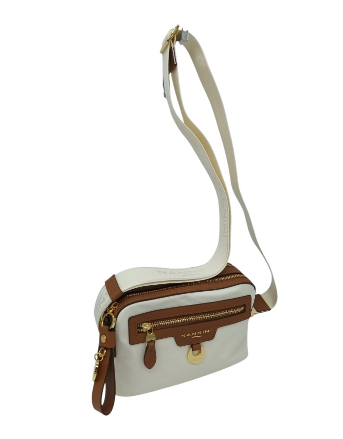 NANNINI LIBERTY BORSA PICCOLA IN NYLON E VITELLO CARACAS COLORE AVORIO-CUOIO, DUE SCOMPARTI CON LAMPO CENTRALI, TASCA FRONTALE 