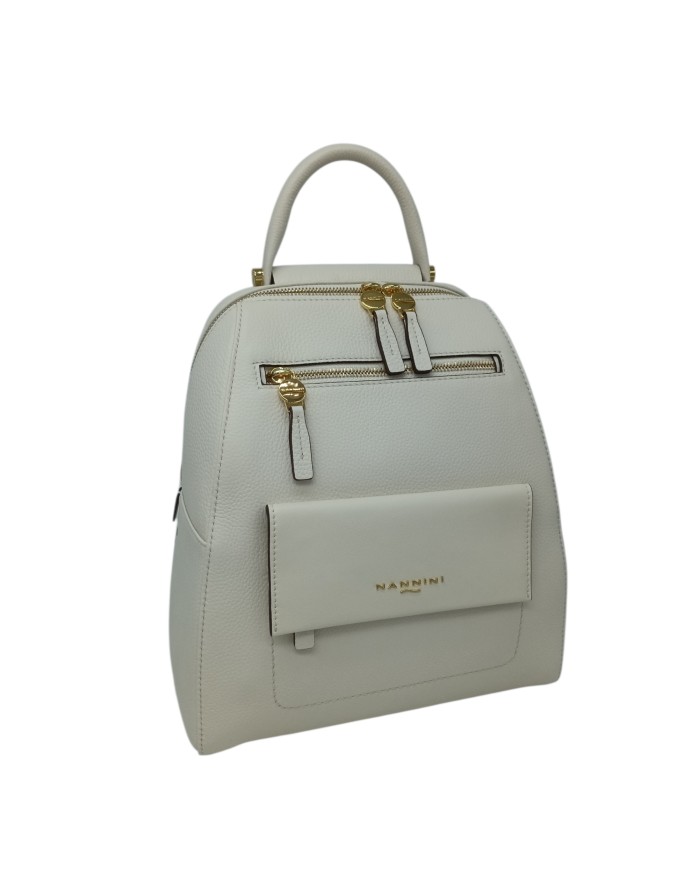 NANNINI ZAINO MEDIO/GRANDE IN VITELLO BOTTALATO COLORE AVORIO, LAMPO CENTRALE, DUE TASCHE FRONTALI ED UNA POSTERIORE