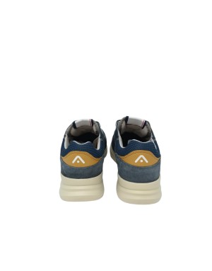 AMBITIOUS SNEAKER LACCI IN CAMOSCIO E VITELLO COLORE BLU NAVY, VASCHETTA IN TESSUTO RETATO IN TINTA, TOPPONCINO COLORE CUOIO, F