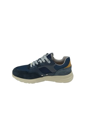 AMBITIOUS SNEAKER LACCI IN CAMOSCIO E VITELLO COLORE BLU NAVY, VASCHETTA IN TESSUTO RETATO IN TINTA, TOPPONCINO COLORE CUOIO, F