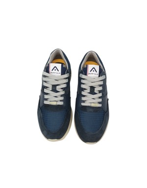 AMBITIOUS SNEAKER LACCI IN CAMOSCIO E VITELLO COLORE BLU NAVY, VASCHETTA IN TESSUTO RETATO IN TINTA, TOPPONCINO COLORE CUOIO, F