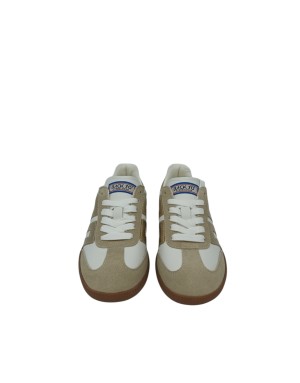 BACK 70 SNEAKER LACCI IN NAPPA E CAMOSCIO COLORE BIANCO-BEIGE CON LOGO IL LANINATO ORO, FONDO GOMMA 3CM