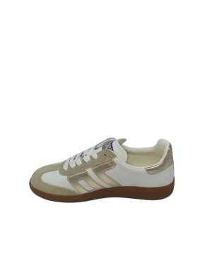 BACK 70 SNEAKER LACCI IN NAPPA E CAMOSCIO COLORE BIANCO-BEIGE CON LOGO IL LANINATO ORO, FONDO GOMMA 3CM
