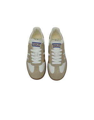 BACK 70 SNEAKER LACCI IN NAPPA E CAMOSCIO COLORE BIANCO-BEIGE CON LOGO IL LANINATO ORO, FONDO GOMMA 3CM