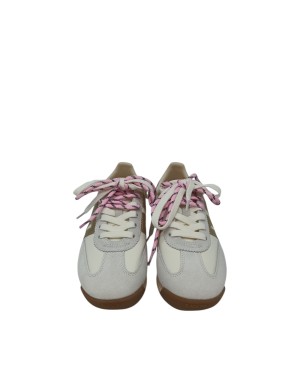 BACK 70 SNEAKER LACCI IN CAMOSCIO NE TESSUTO TECNICO COLORE BIANCO CON LOGO E TOPPONCINO DORATO, FONDO GOMMA BICOLOR 3CM