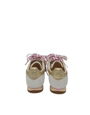 BACK 70 SNEAKER LACCI IN CAMOSCIO NE TESSUTO TECNICO COLORE BIANCO CON LOGO E TOPPONCINO DORATO, FONDO GOMMA BICOLOR 3CM