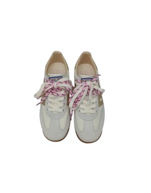 BACK 70 SNEAKER LACCI IN CAMOSCIO NE TESSUTO TECNICO COLORE BIANCO CON LOGO E TOPPONCINO DORATO, FONDO GOMMA BICOLOR 3CM