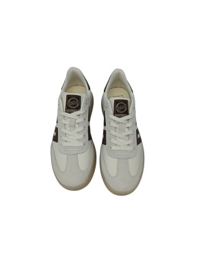 BACK 70 SNEAKER LACCI IN CAMOSCIO E TESSUTO TECNICO COLORE LATTE CON LOGO E TOPPONCINO T.MORO, FONDO GOMMA