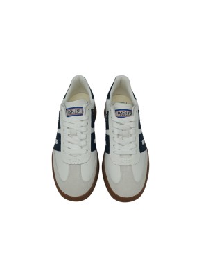 BACK 70 SNEAKER LACCI IN VITELLO E CAMOSCIO COLORE BIANCO CON LOGO E TOPPONCINO BLU NAVY, FONDO GOMMA MIELE