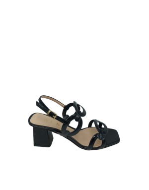 ALBANO SANDALO DUE FASCE A CATENA, TOMAIA IN NAPLAK COLORE NERO, TACCO FASCIATO 6CM, FONDO CUOIO