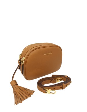 NANNINI BORSA MEDIA IN VITELLO BOTTALATO COLORE COGNAC, DUE SCOMPARTI CON LAMPO, TRACOLLA STACCABILE/REGOLABILE