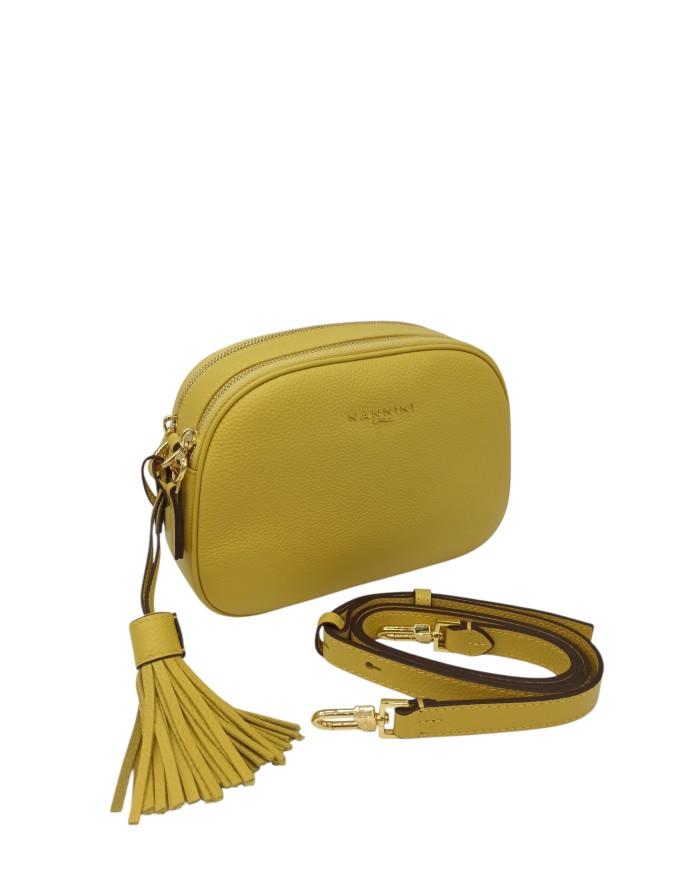 NANNINI BORSA MEDIA IN VITELLO BOTTALATO COLORE GIALLO, DUE SCOMPARTI CON LAMPO, TRACOLLA STACCABILE/REGOLABILE
