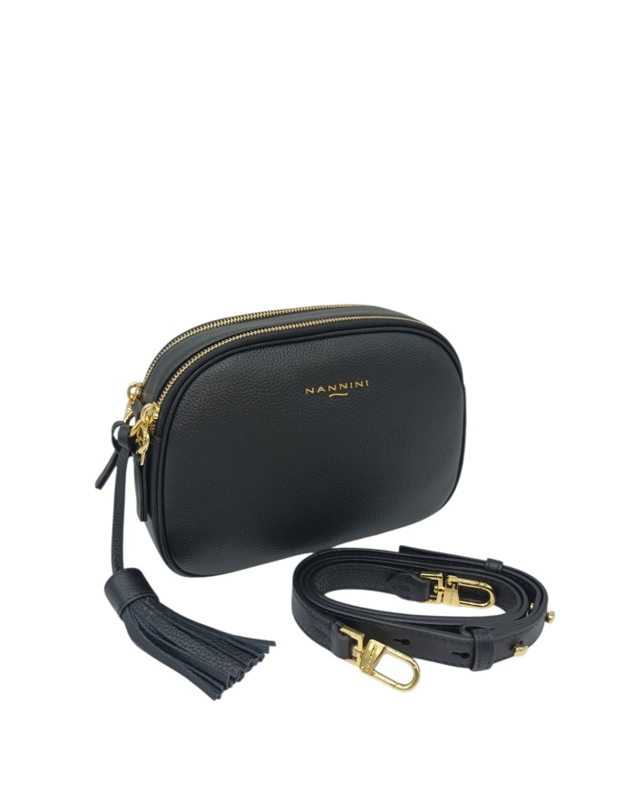 NANNINI BORSA MEDIA IN VITELLO BOTTALATO COLORE NERO, DUE SCOMPARTI CON LAMPO, TRACOLLA STACCABILE/REGOLABILE
