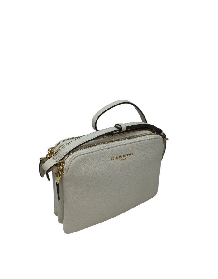 NANNINI BORSA MEDIO/PICCOLA IN VITELLO BOTTALATO COLORE AVORIO, TRE SCOMPARTI CON LAMPO, TRACOLLA REGOLABILE