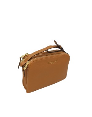 NANNINI BORSA MEDIO/PICCOLA IN VITELLO BOTTALATO COLORE COGNAC, TRE SCOMPARTI CON LAMPO, TRACOLLA REGOLABILE