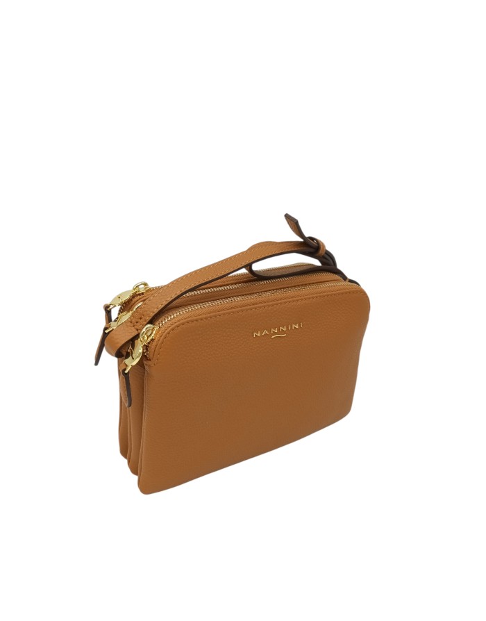 NANNINI BORSA MEDIO/PICCOLA IN VITELLO BOTTALATO COLORE COGNAC, TRE SCOMPARTI CON LAMPO, TRACOLLA REGOLABILE