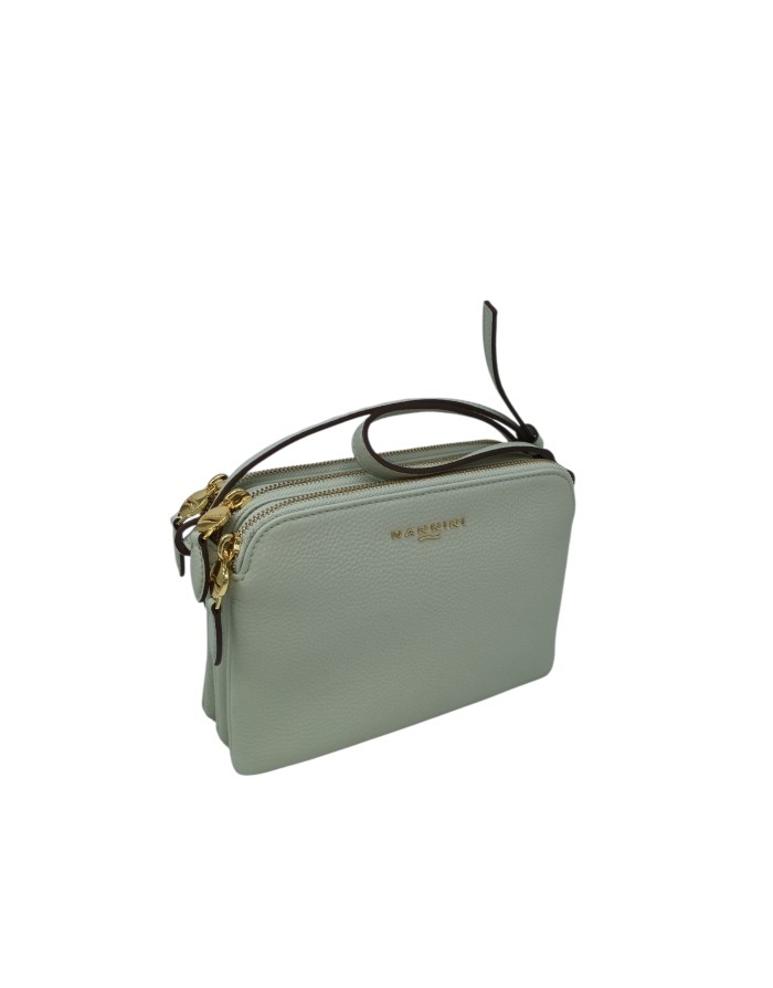NANNINI BORSA MEDIO/PICCOLA IN VITELLO BOTTALATO COLORE VERDE SALVIA, TRE SCOMPARTI CON LAMPO, TRACOLLA REGOLABILE