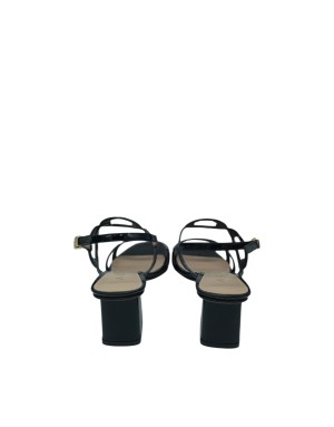 ALBANO SANDALO DUE FASCE A CATENA, TOMAIA IN NAPLAK COLORE NERO, TACCO FASCIATO 6CM, FONDO CUOIO