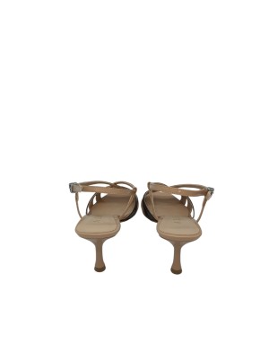 ALBANO SANDALO CON FASCETTE INCROCIATE IN NAPLAK COLORE BEIGE-CUOIO-MORO, TACCO IN ABS BEIGE LUCIDO 6,5CM, FONDO CUOIO