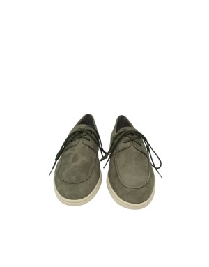 FRAU STRINGATA TIPO BARCA, TOMAIA IN NABUK COLORE VERDE TIMO, FONDO GOMMA BEIGE