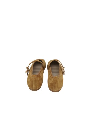 FRAU BALLERINA CON CINTURINO E FIBBIA LATERALE, TOMAIA IN CAMOSCIO COLORE CUOIO, FONDINO GOMMA TACCO 1CM