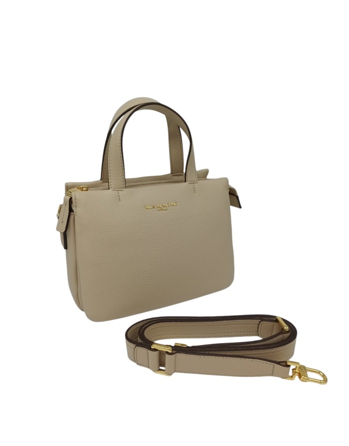 NANNINI BORSA MEDIA IN VITELLO BOTTALATO COLORE BEIGE, LAMPO CENTRALE, TRE SCOMPARTI, DUE MANICI E TRACOLLA STACCABILE/REGOLABI