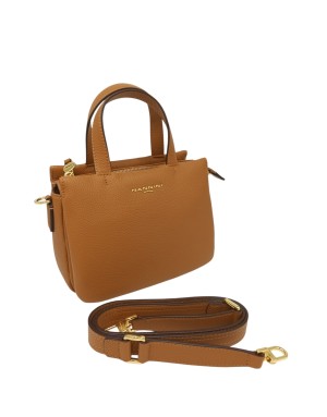 NANNINI BORSA MEDIA IN VITELLO BOTTALATO COLORE COGNAC, LAMPO CENTRALE, TRE SCOMPARTI, DUE MANICI E TRACOLLA STACCABILE/REGOLAB