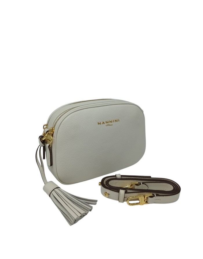 NANNINI KEIRA BORSA MEDIO/PICCOLA IN VITELLO BOTTALATO COLORE OFF WHITE, DUE SCOMPARTI CON DUE LAMPO DORATE, TRACOLLA STACCABIL