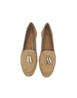 TAMARIS MOCASSINO CON NAPPINE, TOMAIA IN CAMOSCIO COLORE CAMEL CON NAPPINE IN VITELLO LAMINATO COLORE BRONZO, FONDO GOMMINA, TA