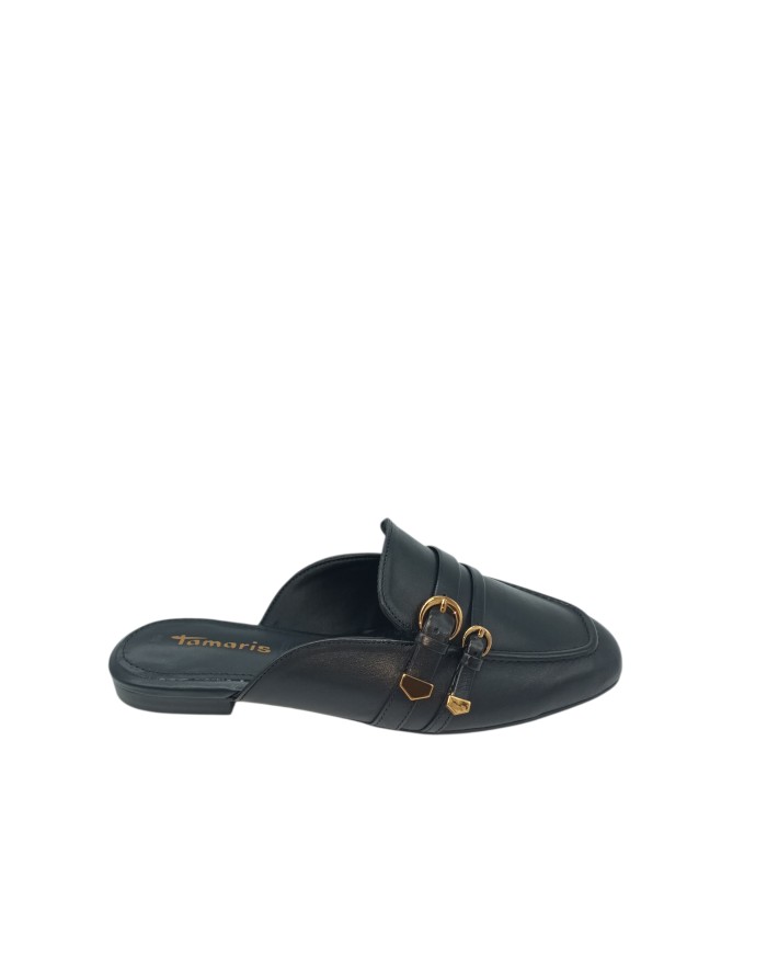 TAMARIS SABOT CON VASCHETTA, TOMAIA IN VITELLO COLORE NERO, DUE FIBBIETTE LATERALI DORATE, FONDINO GOMMA, TACCO 1,5CM