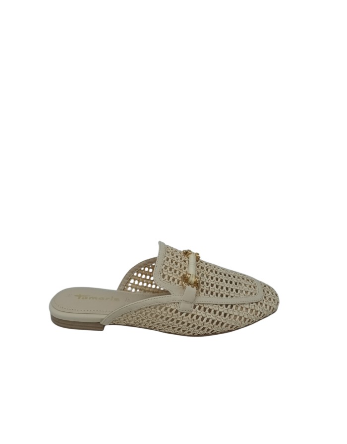 TAMARIS SABOT FORATO IN RAFIA E VITELLO COLORE AVORIO, MORSETTO DORATO, FONDINO GOMMA, TACCO 2CM