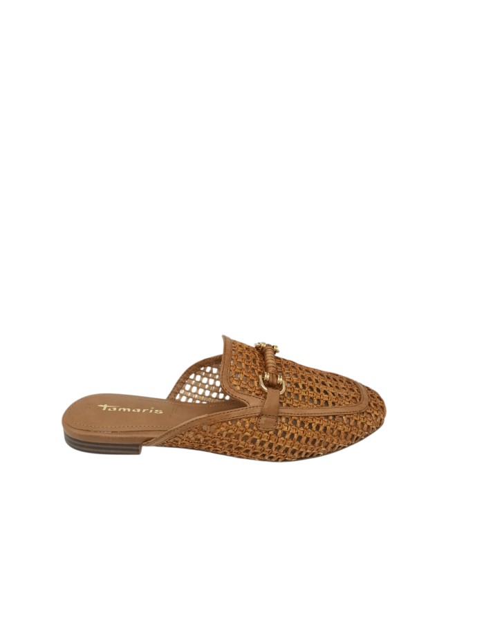 TAMARIS SABOT FORATO IN RAFIA E VITELLO COLORE COGNAC, MORSETTO DORATO, FONDINO GOMMA, TACCO 2CM
