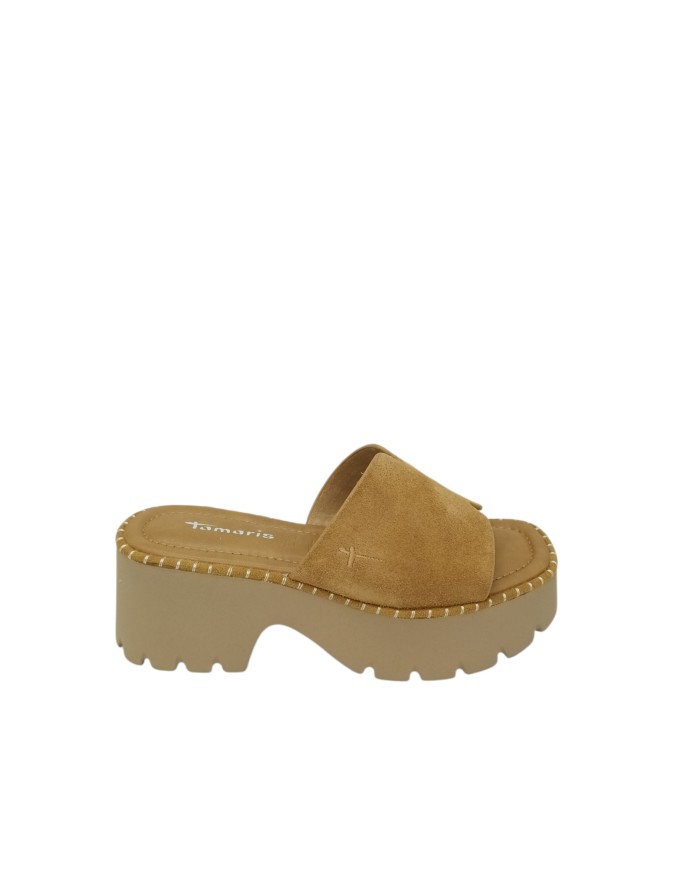 TAMARIS SABOT SPUNTATO UNA FASCIA, TOMAIA IN CAMOSCIO COLORE CAMEL, GUARDOLO IMPUNTURATO, FONDO ZEPPA/TACCO 6,5CM IN GOMMA EXTR
