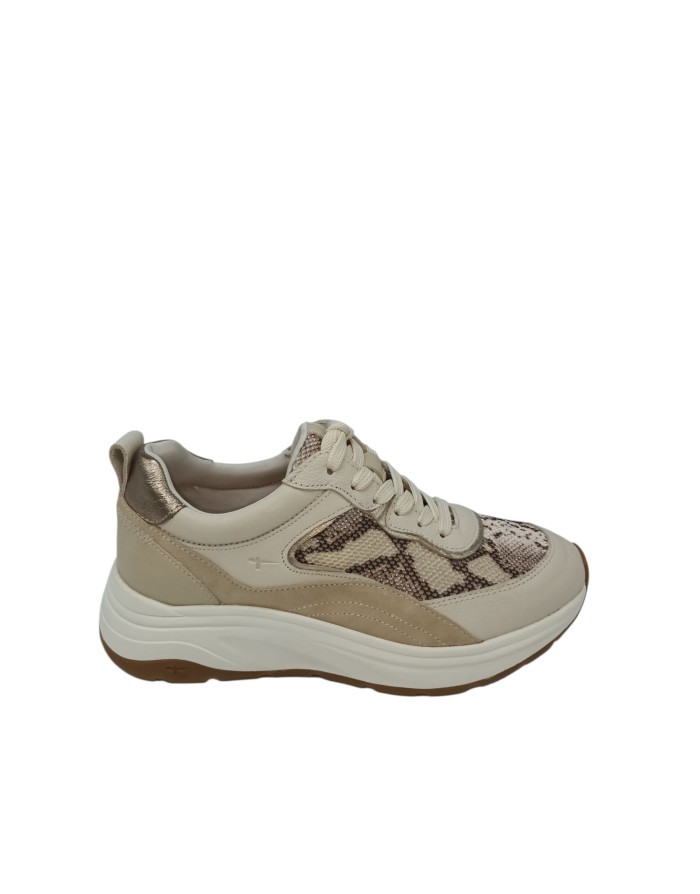 TAMARIS SNEAKER LACCI E LAMPO LATERALE, TOMAIA IN VITELLO E CAMOSCIO COLORE BEIGE CON VASCHETTA IN TESSUTO RETATO PITONATO ROCC