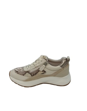 TAMARIS SNEAKER LACCI E LAMPO LATERALE, TOMAIA IN VITELLO E CAMOSCIO COLORE BEIGE CON VASCHETTA IN TESSUTO RETATO PITONATO ROCC