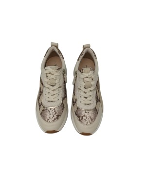 TAMARIS SNEAKER LACCI E LAMPO LATERALE, TOMAIA IN VITELLO E CAMOSCIO COLORE BEIGE CON VASCHETTA IN TESSUTO RETATO PITONATO ROCC
