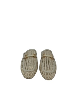 TAMARIS SABOT FORATO IN RAFIA E VITELLO COLORE AVORIO, MORSETTO DORATO, FONDINO GOMMA, TACCO 2CM