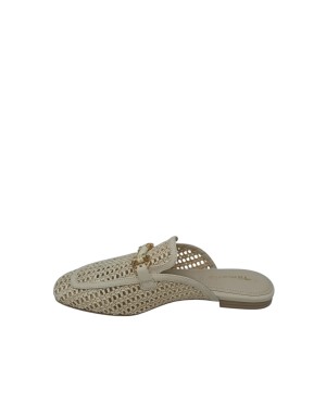 TAMARIS SABOT FORATO IN RAFIA E VITELLO COLORE AVORIO, MORSETTO DORATO, FONDINO GOMMA, TACCO 2CM