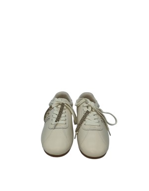 LODI SNEAKER LACCI IN NAPPA COLORE AVORIO CON RIPORTI IN CAMOSCIO IN TINTA E STRASSE E BORCHIE DORATE, FONDO GOMMA